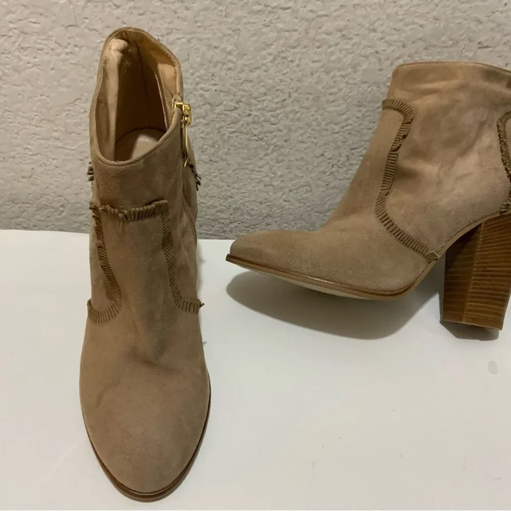 New Dee Keller Tan Suede Mini Fringe Details Ankle Boots Side Zip US 9 EU 39